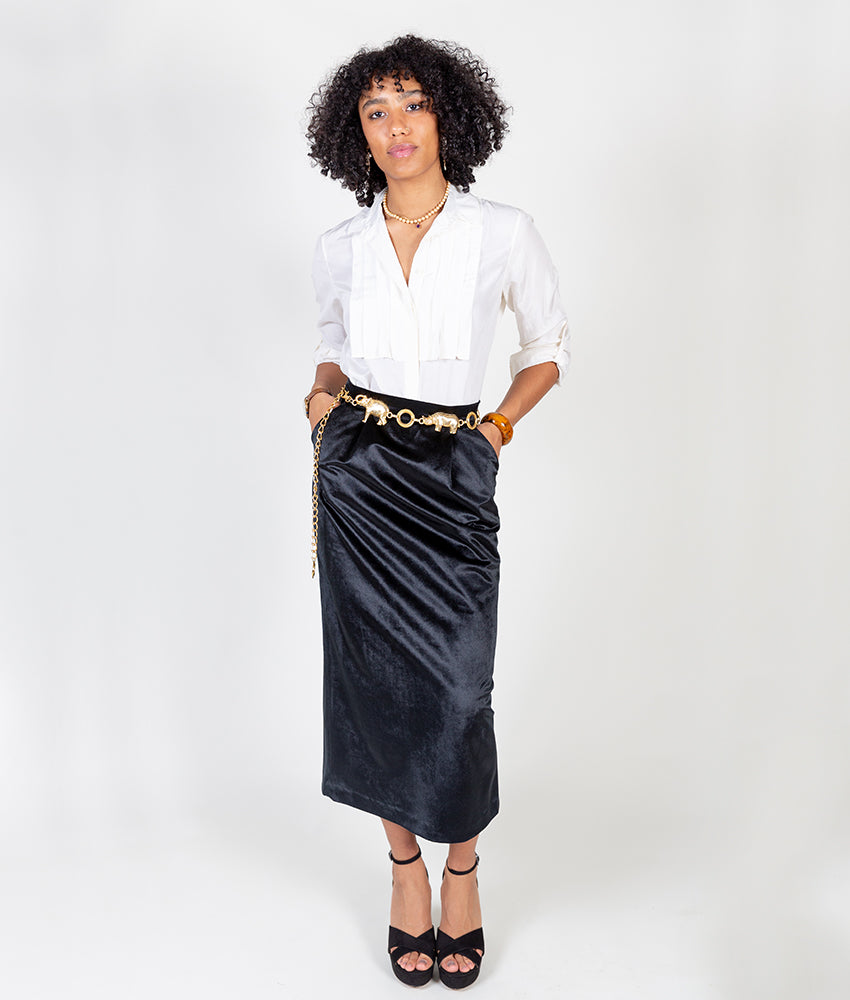 Midi Pencil Skirt in Black Velvet - Main Image