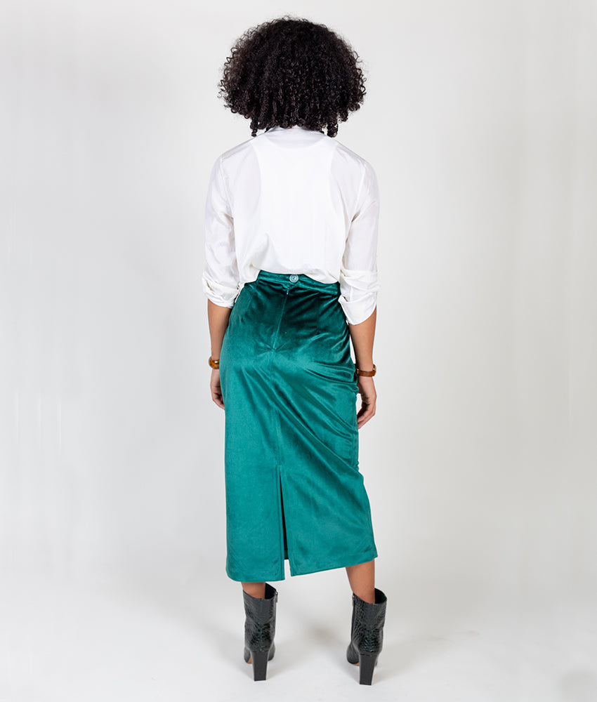 Midi Pencil Skirt in Emerald Velvet